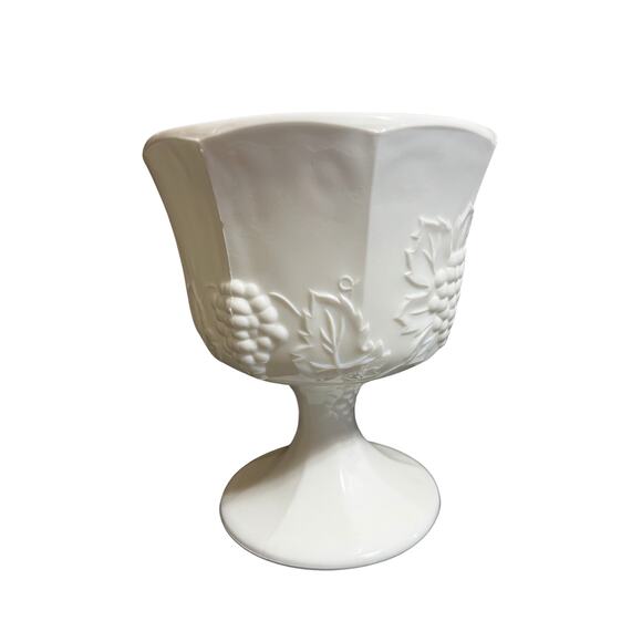 VTG White Milk Glass Pedestal Candy Dish Grapes And Vines Compote Dish - Picture 2 of 3